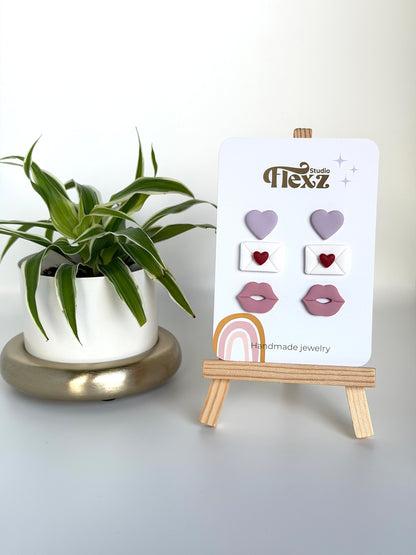 Oorbellen Valentijnsdag set 3 stuks | Hart, envelop, lippen - Zilver