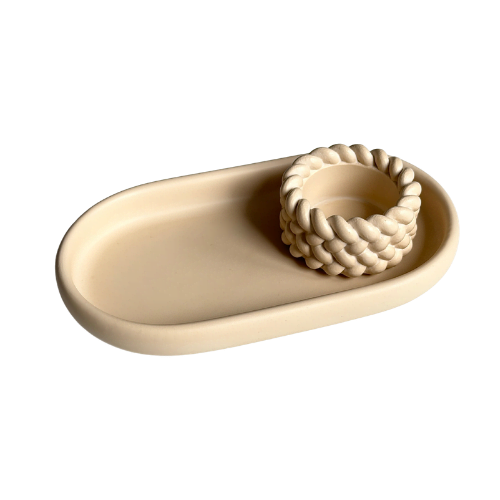 Jesmonite schaaltje ovaal, incl. theelichthouder | Beige