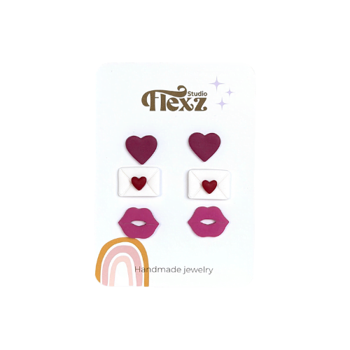 Oorbellen Valentijnsdag set 3 stuks | Hart, envelop, lippen - Goud