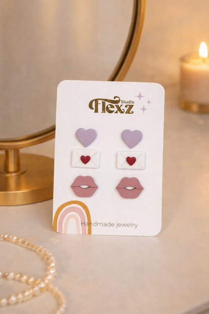 Oorbellen Valentijnsdag set 3 stuks | Hart, envelop, lippen - Zilver