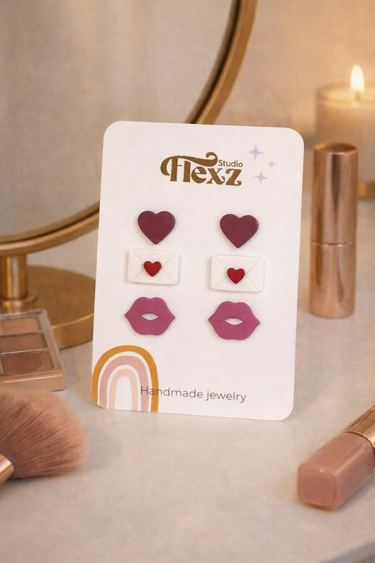 Oorbellen Valentijnsdag set 3 stuks | Hart, envelop, lippen - Goud